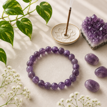 Amethyst Crystal Bracelet with polished purple beads beside an Amethyst cluster, incense and green foliage on a soft cream background.