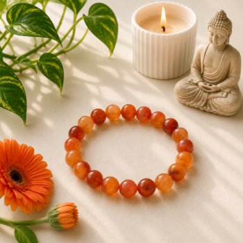 Carnelian crystal bracelet with orange gerbera flowers, candle, Buddha statue and green leaves