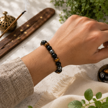 Hematite, Black Obsidian and Tiger Eye crystal bracelet worn on the wrist