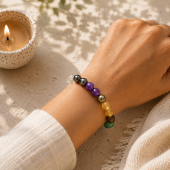 Money Magnet Bracelet with Citrine, Pyrite, Tiger Eye, Green Aventurine, Jade, Amethyst, Hematite and Clear Quartz worn on wrist