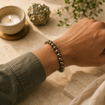 Man wearing an 8mm Pyrite Crystal Bracelet on his wrist against an earthy beige background with natural Pyrite and candle