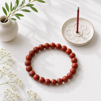 Red Jasper crystal bracelet with polished red gemstone beads on a minimal white background with incense and greenery.
