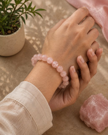 Woman wearing a pale pink Rose Quartz Crystal Bracelet with polished round beads in a warm natural setting.