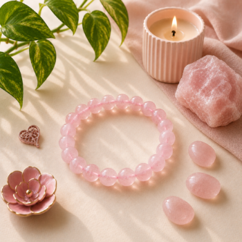 Rose Quartz Crystal Bracelet with pale pink polished beads styled with Rose Quartz stones, greenery and a candle on a warm cream background.