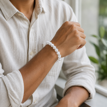 Man wearing a white Selenite crystal bead bracelet with a casual linen shirt in natural daylight
