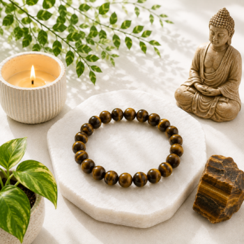 Tiger Eye Crystal Bracelet with brown and golden beads displayed on a white stone slab with a candle, Buddha statue, greenery, and raw Tiger Eye crystal.