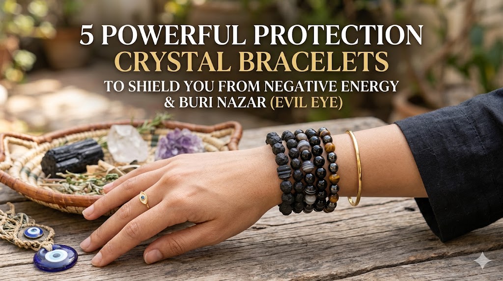 Five powerful protection crystal bracelets worn on a wrist, featuring black tourmaline, suleimani hakik, black onyx, black obsidian, and a triple protection bracelet next to an evil eye charm.