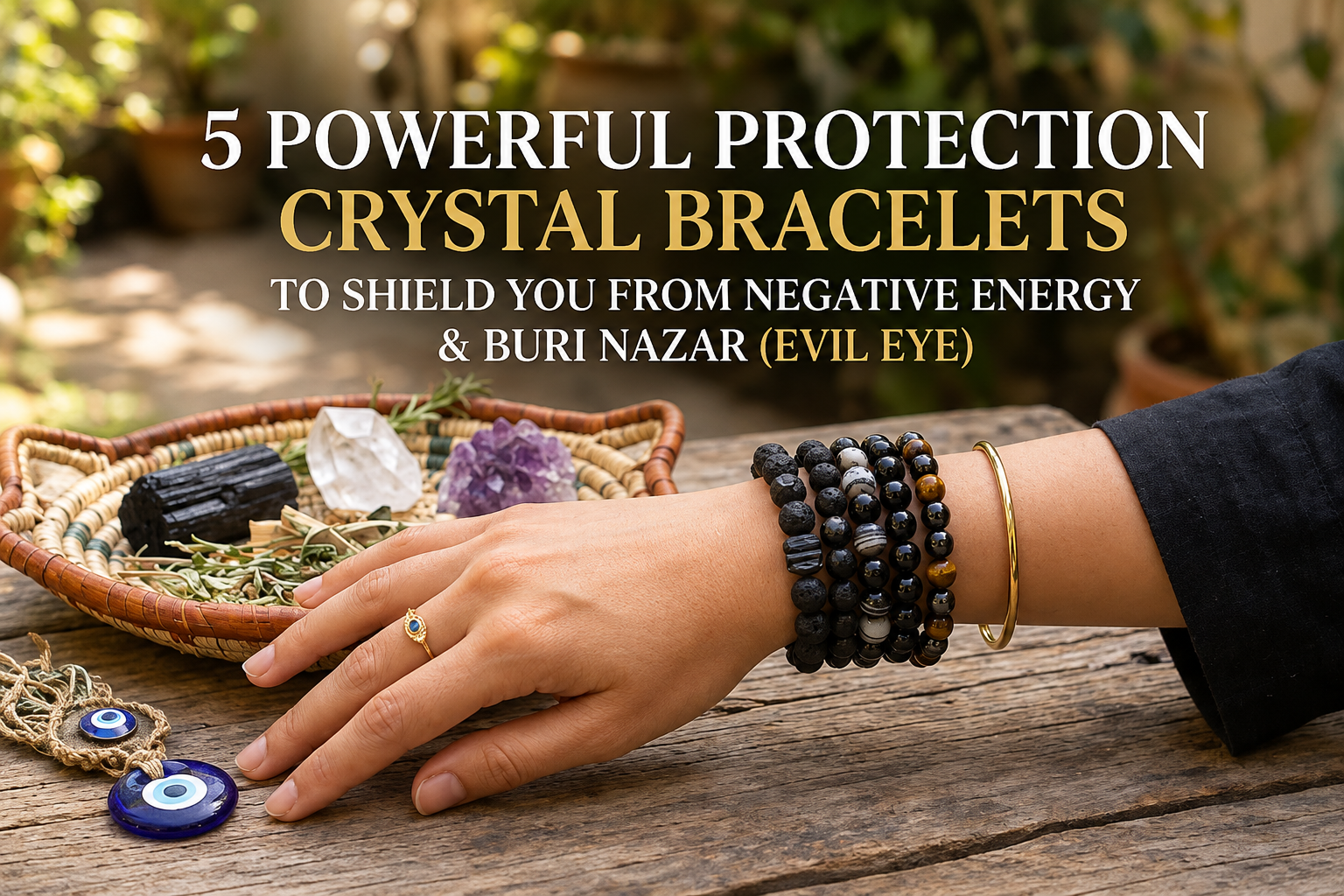 Hand wearing five protection crystal bracelets with Black Tourmaline, Black Obsidian, Tiger Eye, Black Onyx, and Sulemani Hakik beside natural crystals, illustrating protection from negative energy and the evil eye.