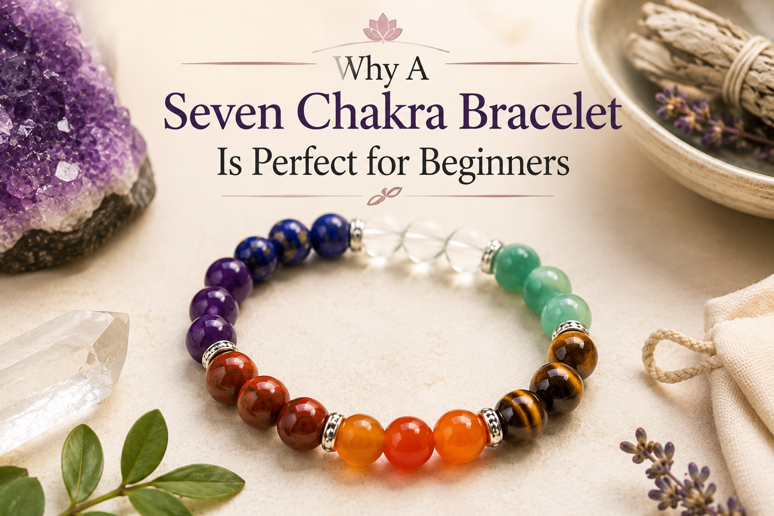7 Chakra Bracelet made with Amethyst, Lapis Lazuli, Clear Quartz, Green Aventurine, Tiger's Eye, Carnelian, and Red Jasper for beginners