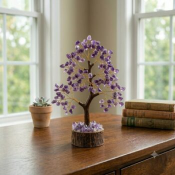 Amethyst Crystal Tree with natural amethyst crystal chips, handcrafted resin trunk and elegant home décor setting