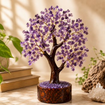 Amethyst Crystal Tree with natural amethyst crystal chips, handcrafted resin trunk and elegant home décor setting
