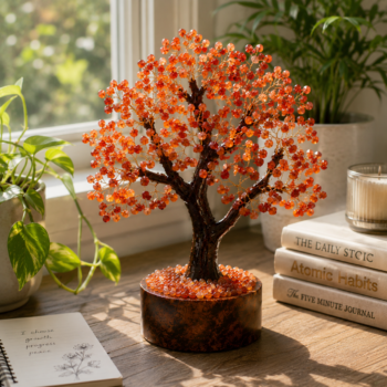 Handcrafted Carnelian Crystal Tree with natural carnelian crystal chips, resin trunk and elegant home décor setting