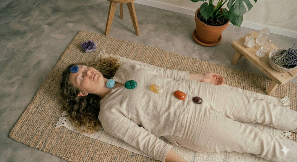 A woman with curly hair lying on her back on a natural jute mat, wearing a beige linen outfit with her eyes closed. Colored chakra stones are placed along the centerline of her body, including a blue stone on her forehead, a green stone on her chest, and an orange stone on her abdomen. The minimalist room features a wooden stool, an amethyst cluster, a terracotta pot with a monstera plant, and a low wooden bench with clear quartz crystals and a bowl of dried lavender. The floor is textured gray concrete.