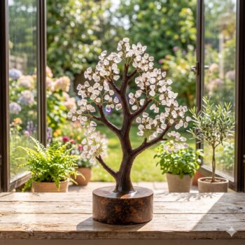 Handcrafted Clear Quartz Crystal Tree with natural clear quartz crystal chips, glossy resin trunk and outdoor garden setting surrounded by lush greenery