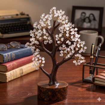 Handcrafted Clear Quartz Crystal Tree with natural clear quartz crystal chips, glossy resin trunk and outdoor garden setting surrounded by lush greenery