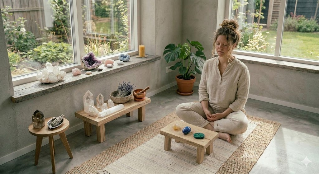 A woman meditates in a light-filled room with large windows overlooking a garden. She sits cross-legged on a rug with crystals and healing tools arranged around her.
