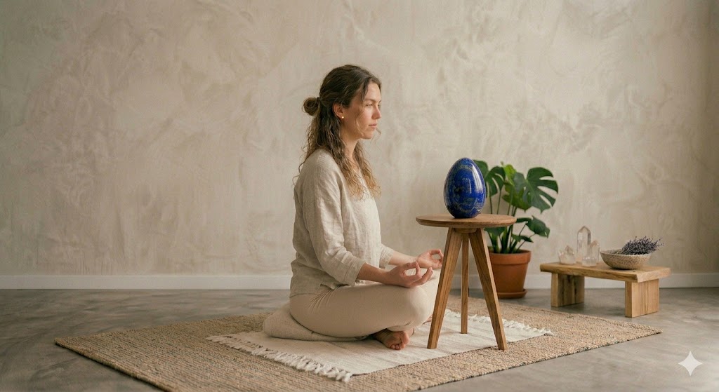 A woman in a cream linen outfit sits in a cross-legged meditation pose on a jute mat, eyes closed in profile. Before her is a wooden stool with a large, polished lapis lazuli stone, a terracotta pot with a monstera plant, and a small bench with crystals and lavender sprigs, all set against a textured, light beige wall.