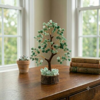 Green Aventurine Crystal Tree with natural green aventurine crystal chips, handcrafted resin trunk and elegant home décor setting