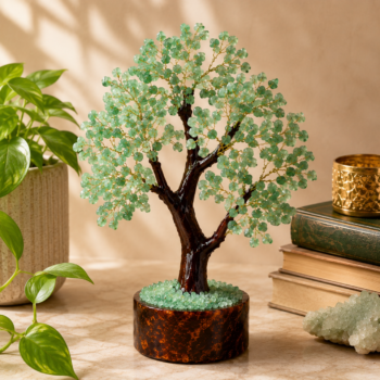 Green Aventurine Crystal Tree with natural green aventurine crystal chips, handcrafted resin trunk and elegant home décor setting