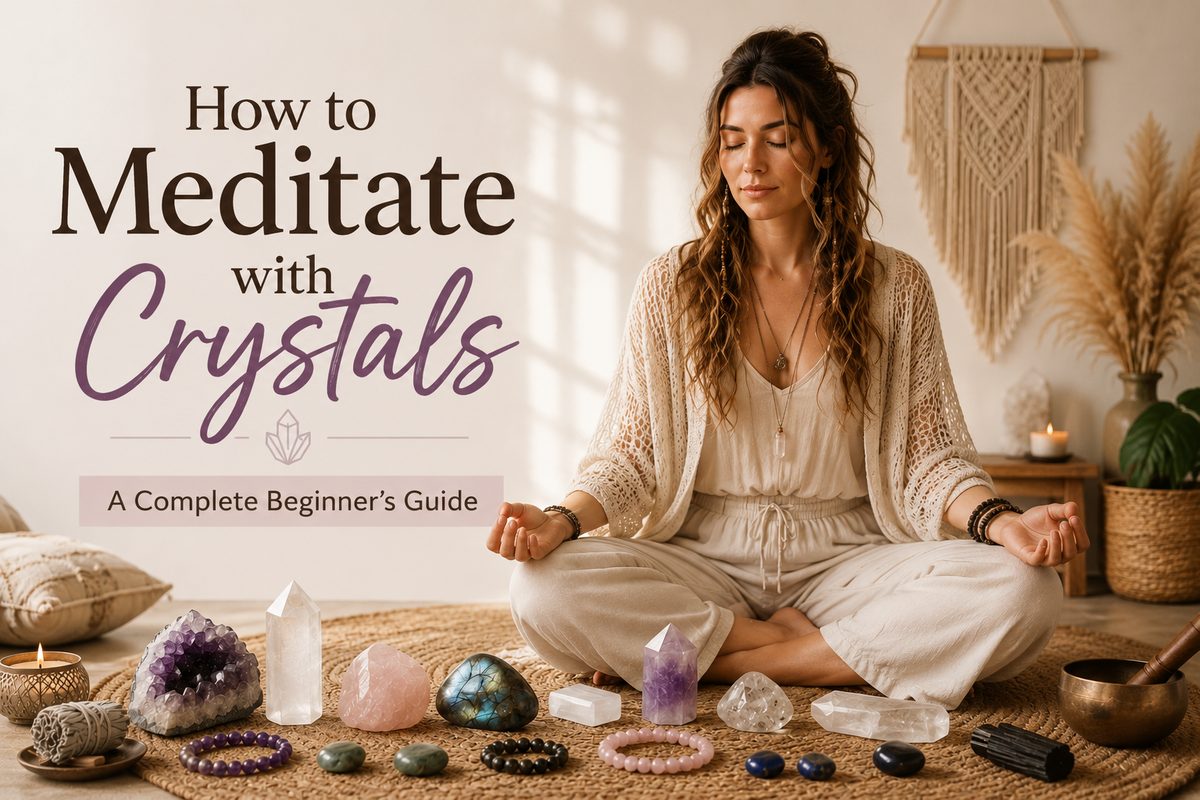Woman meditating with Amethyst, Clear Quartz, Rose Quartz, Labradorite, Selenite, Lapis Lazuli, and Black Tourmaline crystals in a peaceful boho meditation space.