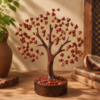 Handcrafted Red Jasper Crystal Tree with glossy brown resin trunk, golden wire branches, genuine red jasper gemstone chip leaves, and amber resin base displayed in a warm luxury home decor setting.