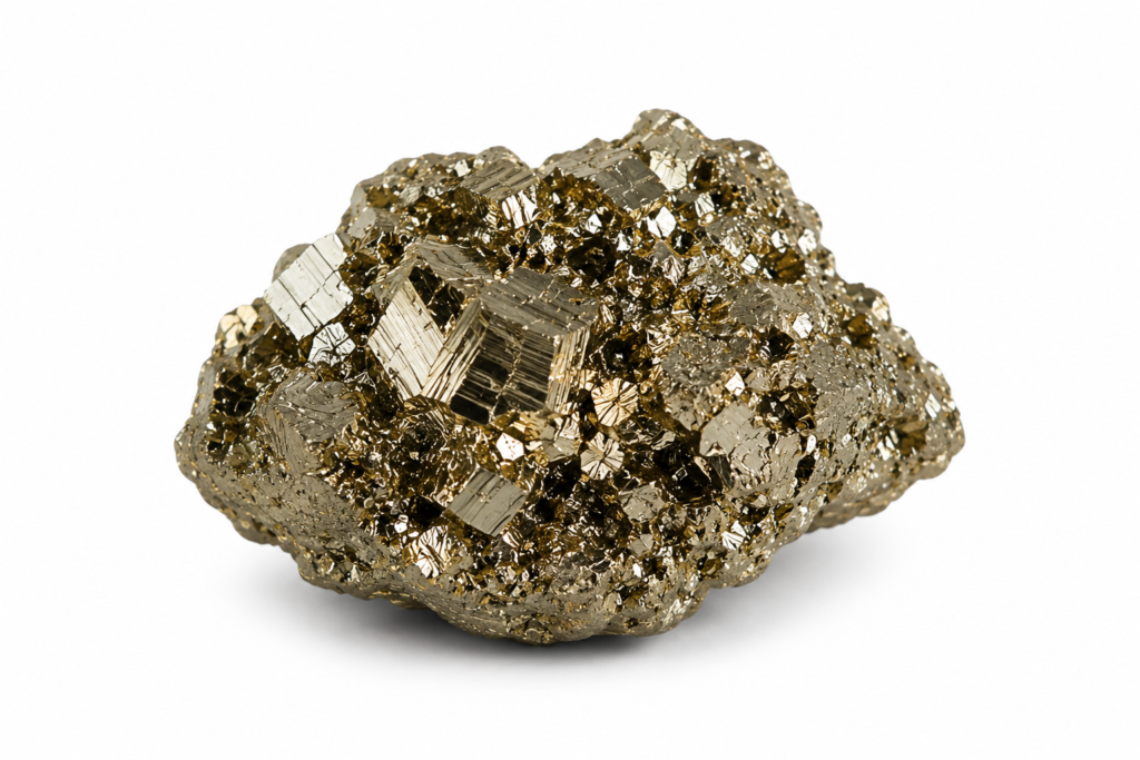 Natural Raw Pyrite Stone with metallic golden crystal formations on a white background