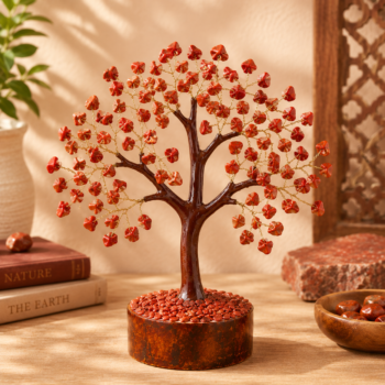 Handcrafted Red Jasper Crystal Tree with glossy brown resin trunk, golden wire branches, genuine red jasper gemstone chip leaves, and amber resin base displayed in a warm luxury home decor setting.