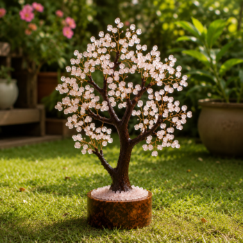 Handcrafted Rose Quartz Crystal Tree with natural rose quartz crystal chips, resin trunk and outdoor garden setting surrounded by lush greenery