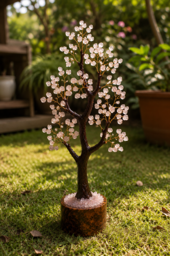 Handcrafted Rose Quartz Crystal Tree with natural rose quartz crystal chips, resin trunk and outdoor garden setting surrounded by lush greenery