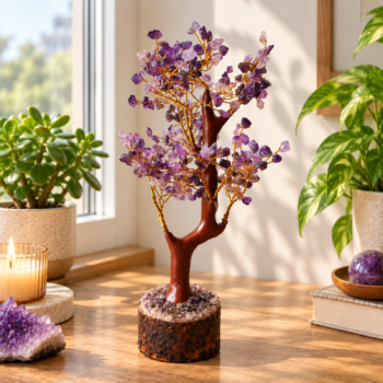 Amethyst crystal tree with purple gemstone chips displayed with an amethyst cluster, candle, and green plants.