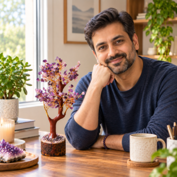 Smiling man sitting beside an Amethyst Crystal Tree in a calm, sunlit home setting.