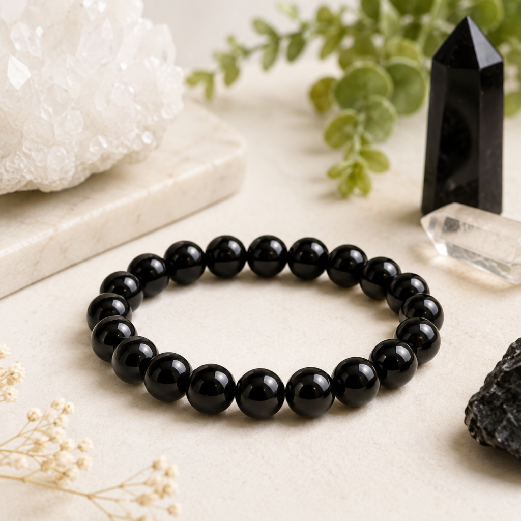 Natural Black Obsidian bracelet displayed with healing crystals in a minimalist setting for emotional healing and protection.