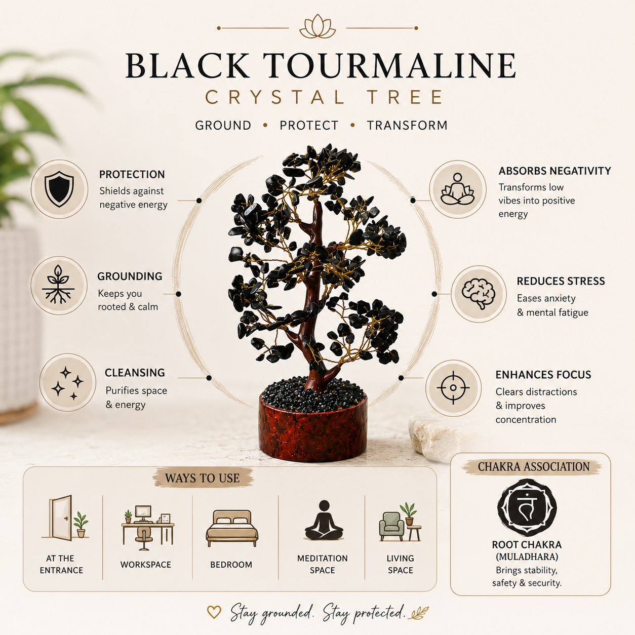Black Tourmaline crystal tree infographic showing protection, grounding, cleansing, focus, and Root Chakra association