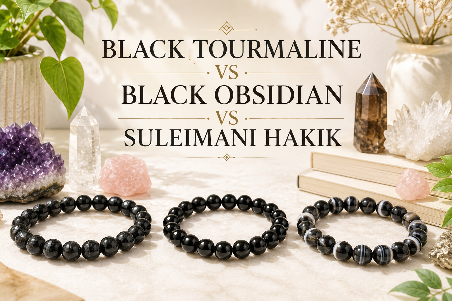 Black Tourmaline vs Black Obsidian vs Suleimani Hakik bracelets with natural healing crystals for protection crystal comparison guide