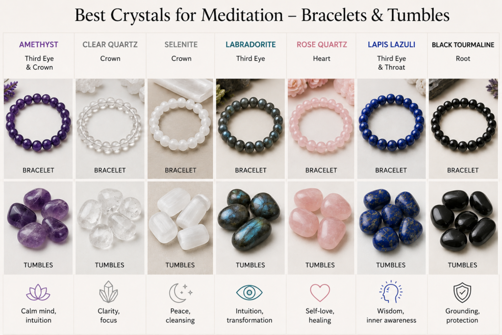 Best crystals for meditation including Amethyst, Clear Quartz, Selenite, Labradorite, Rose Quartz, Lapis Lazuli, and Black Tourmaline in bracelet and tumble stone forms.