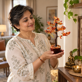 Woman holding a Carnelian crystal tree while placing it in a warm living room corner