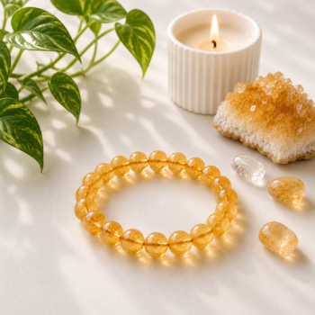 Citrine crystal bracelet with golden polished beads, available in 8mm and 10mm sizes at Mesmera World