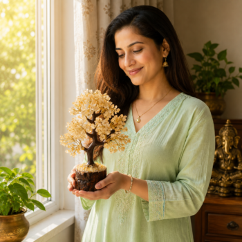 Woman holding a Citrine Crystal Tree near a sunlit window