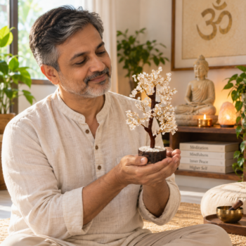 Middle-aged man holding a Clear Quartz Crystal Tree peacefully in a meditation room