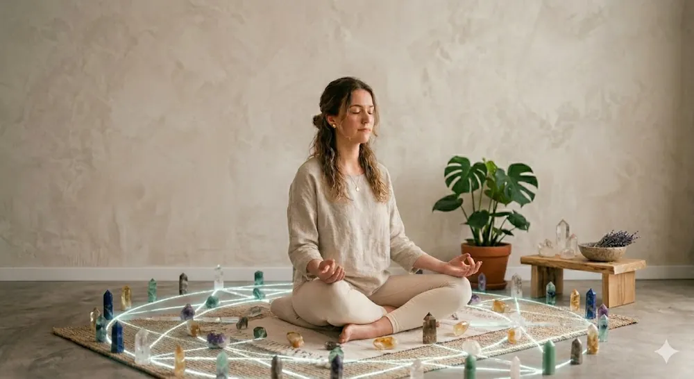 Woman meditating inside a crystal grid surrounded by crystals in a calm meditation space.