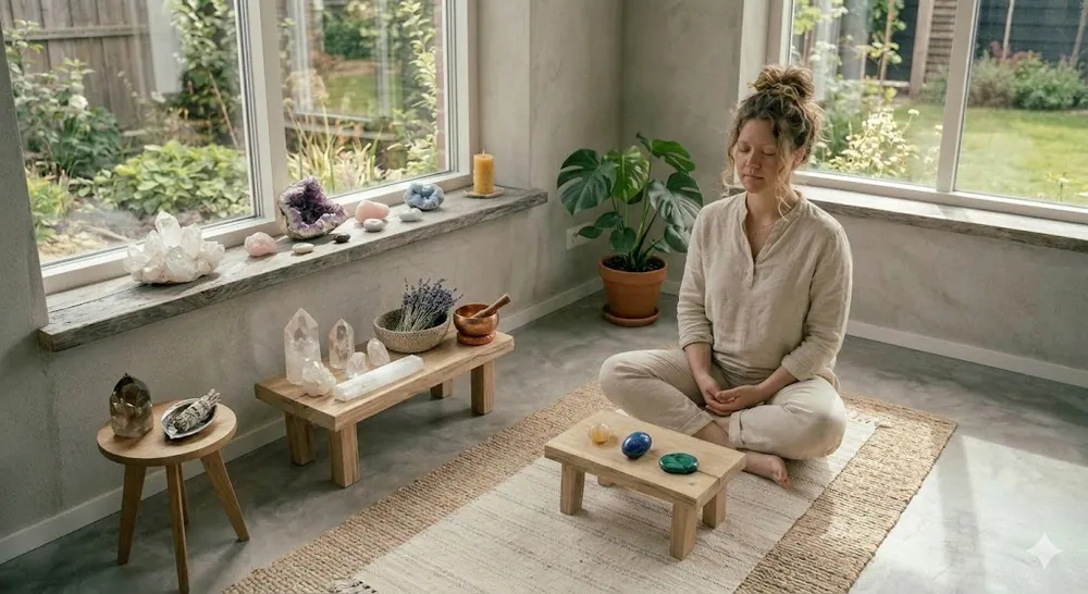 Woman meditating in a peaceful crystal meditation space with crystals arranged around her near a bright window