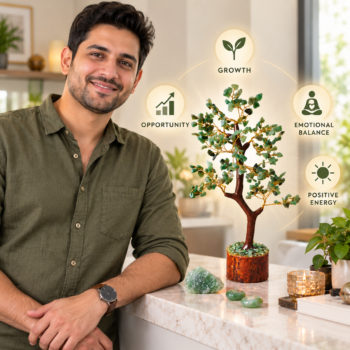 Man smiling beside a Green Aventurine crystal tree with growth, opportunity, emotional balance, and positive energy symbols