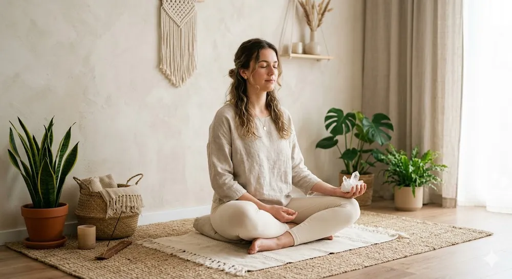 Woman meditating while holding a Clear Quartz crystal in her hand in a calm, naturally lit room.