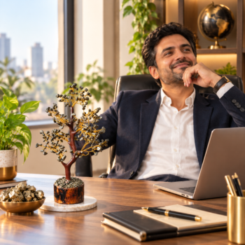 Entrepreneur sitting in his office with a Pyrite Crystal Tree displayed on his work desk