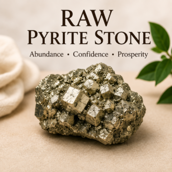 Raw Pyrite stone with natural metallic cubic formations on a warm neutral background
