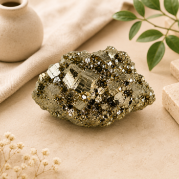 Natural raw Pyrite stone with metallic golden cubic crystals on a warm beige aesthetic background