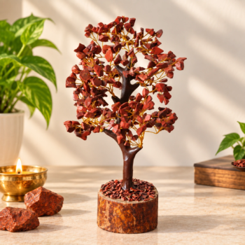 Red Jasper crystal tree with natural gemstone chips and golden wire branches in a warm home setting