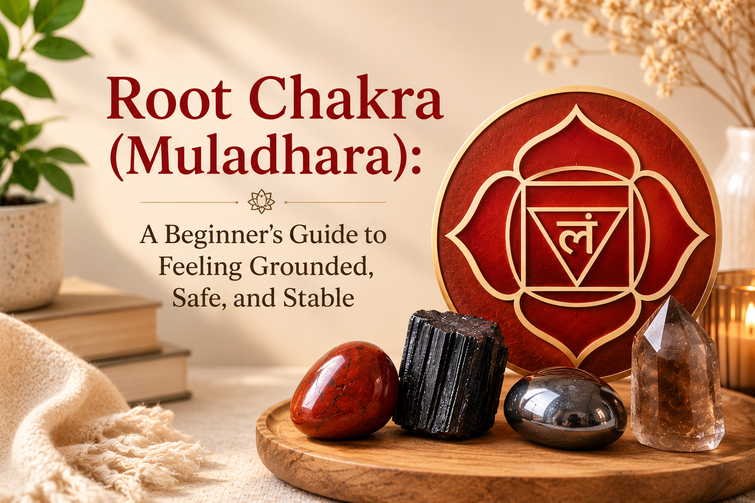 Root Chakra (Muladhara) with Red Jasper, Black Tourmaline, Hematite and Smoky Quartz crystals for grounding, safety and stability