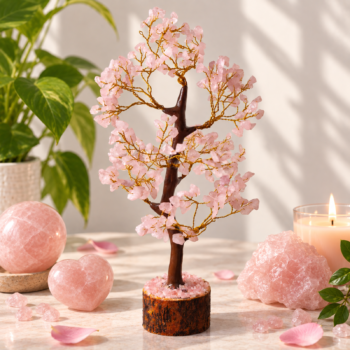 Rose Quartz crystal tree with pink gemstone chips, Rose Quartz heart, orb, raw crystal, and candle