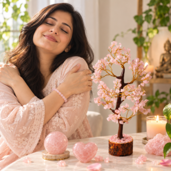 Woman with closed eyes embracing herself beside a Rose Quartz crystal tree, heart, orb, and raw Rose Quartz
